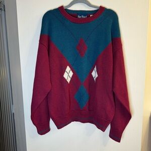 Vintage Par Four Men's Red Blue Argyle Long Sleeve Crew Neck Pullover Sweater